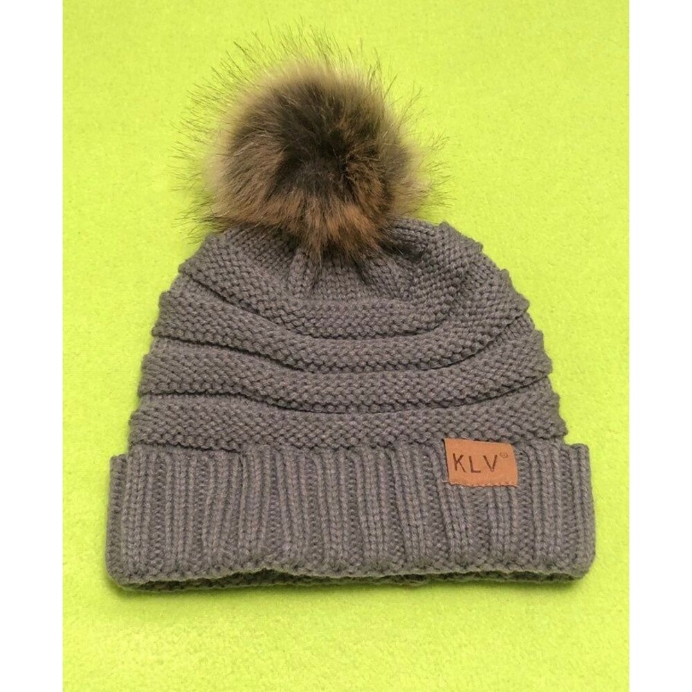 Grey Gray Furry Fur Pom Pom Beanie Hat Snow Winter Ski Gorpcore